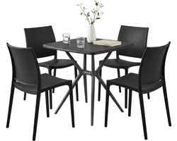 CLP Amino Tuinmeubelset - stapelbaar - 4 stoelen - tafel - weerbestendige - balkonset - voor tuin, balkon en terras - zwart