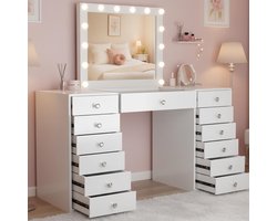 CLP Attalla Kaptafel met Verlichting en Spiegel 100x80 cm - Hollywoodspiegel LED 3 Kleuren - met Lades - USB-A en USB-C Aansluiting - wit