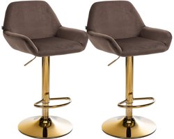 CLP Braga Set van 2 barkrukken - Met rugleuning - Met gouden frame - Verstelbaar - Fluweel - Velvet - bruin