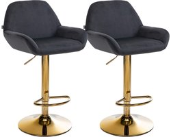 CLP Braga Set van 2 barkrukken - Met rugleuning - Met gouden frame - Verstelbaar - Fluweel - Velvet - zwart
