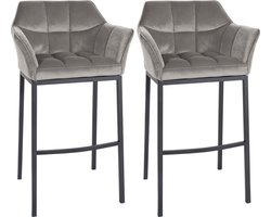 CLP Damaso Set van 2 barkrukken - Met rugleuning - Met armleuning - Met Voetsteun - Velvet - Fluweel - Metaal mat zwart grijs