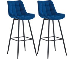 CLP Dartford Set van 2 barkrukken - Met rugleuning - Met voetsteun - Metalen frame - blauw Fluweel
