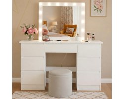 CLP Duffy Kaptafel met spiegel en verlichting - make up tafel - LED-licht dimbaar - 3 lichtkleuren - met 9 lades - wit