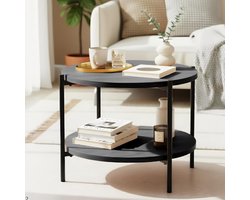 CLP Edduma Salontafel - rond - met opbergruimte - hout - bijzettafel - met 2 niveaus - klein zwart metalen frame - 50 cm grijs