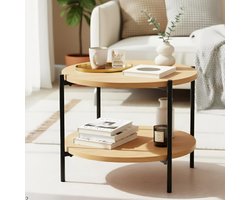 CLP Edduma Salontafel - rond - met opbergruimte - hout - bijzettafel - met 2 niveaus - klein zwart metalen frame - 50 cm natura