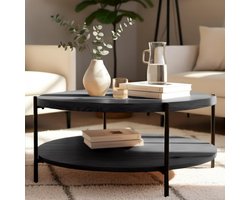 CLP Edduma Salontafel - rond - met opbergruimte - hout - bijzettafel - met 2 niveaus - klein zwart metalen frame - 80 cm grijs