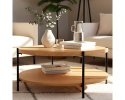 CLP Edduma Salontafel - rond - met opbergruimte - hout - bijzettafel - met 2 niveaus - klein zwart metalen frame - 80 cm natura