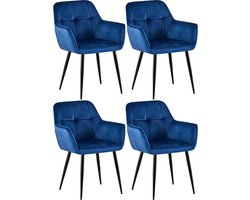 CLP Emia Set van 4 eetkamerstoelen - Met armleuning - Velvet - Fluweel - blauw Fluweel