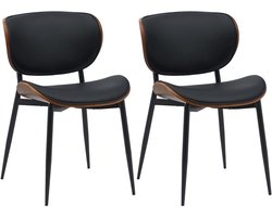 CLP Enid Set van 2 Eetkamerstoelen - bezoekersstoel - met rugleuning en bekleding - metalen frame - hout - Kunstleer/walnoot/zwart