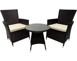 CLP Fireda Eettafel & Loungeset - 3-Delige Tuinset van Duurzaam PE Rotan - Inclusief 2 Stoelen met Dikke Kussens & Ronde Tafel - donkerbruin