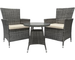 CLP Fireda Eettafel & Loungeset - 3-Delige Tuinset van Duurzaam PE Rotan - Inclusief 2 Stoelen met Dikke Kussens & Ronde Tafel - grijs gevlekt