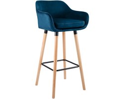 CLP Grant Barkruk - Met rugleuning - Moderne Barstoel - Beukenhouten Poten - Belastbaar tot 150 kg - Velvet - Fluweel - blauw/natura