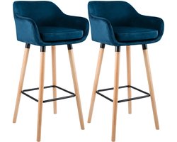 CLP Grant Set van 2 barkrukken - Met rugleuning - Moderne Barstoel - Beukenhouten Poten - Belastbaar tot 150 kg - Velvet - Fluweel - blauw/natura