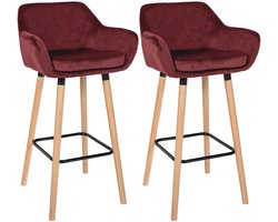 CLP Grant Set van 2 barkrukken - Met rugleuning - Moderne Barstoel - Beukenhouten Poten - Belastbaar tot 150 kg - Velvet - Fluweel - rood/natura