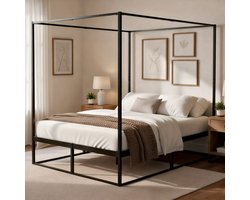 CLP Hemelbed 2 persoonsbed Batoni - voor volwassenen - Bedframe en lattenbodem uit metaal - Stevig metalen bed - 140x200 zwart