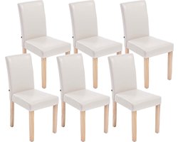 CLP Ina Set van 6 Eetkamerstoelen - Zonder armleuning - Hout - Kunstleer - creme natura