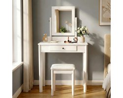 CLP Kaptafel met spiegel en kruk Velia - make up tafel - met lade, gevoerde zitting, onderstel van populierenhout - wit