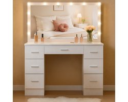 CLP Kaptafel met spiegel en verlichting - Ginny - make up tafel - LED-licht dimbaar - 3 lichtkleuren - met lades - 110x55 cm - wit