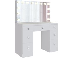 CLP Lerona Kaptafel - make up tafel - met spiegel - LED-verlichting - met laden - wit