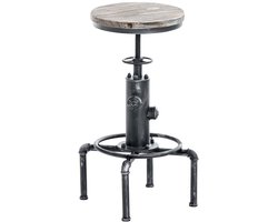 CLP Lumos Barkruk - Industrieel - In Hoogte Verstelbaar - Houten Zitting - Metalen Onderstel - Zonder Rugleuning - Ø32,5 cm - antiek zilver/antiek zilver