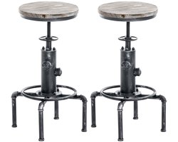 CLP Lumos Set van 2 barkrukken - Industrieel - In Hoogte Verstelbaar - Houten Zitting - Metalen Onderstel - Zonder Rugleuning - Ø32,5 antiek zilver