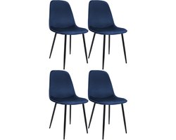 CLP Maryam Set van 4 eetkamerstoelen - klassiek - met rugleuning - zwart metalen frame - belastbaar tot 150 kg - Fluweel/donkerblauw