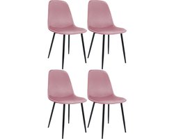 CLP Maryam Set van 4 eetkamerstoelen - klassiek - met rugleuning - zwart metalen frame - belastbaar tot 150 kg - Fluweel/roze