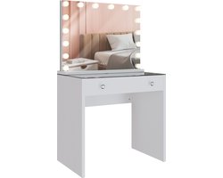 CLP Mereta Kaptafel - met spiegel - met LED-verlichting - met lade - glazen blad en USB-poorten - wit