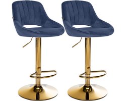 CLP Milet Set van 2 barkrukken - Met rugleuning - Verstelbaar - Velvet - Fluweel - goud/blauw