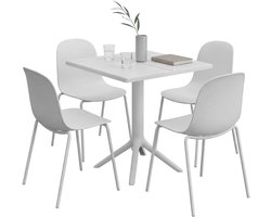 CLP Nerra tuinmeubelset - 4 stapelstoelen - vierkante tafel - weerbestendige balkonset - voor terras en tuin - wit