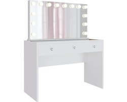 CLP Nettie kaptafel - met spiegel - Cosmetische tafel met LED-verlichting - met 3 laden - glazen blad en USB-poorten - wit