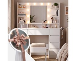 CLP Pretty Kaptafel met Hollywoodspiegel - Inclusief Dimbare LED Verlichting & Föhnhouder - 9 Lades - wit