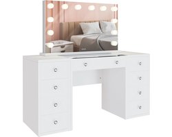 CLP Tiline kaptafel - met grote spiegel - Cosmetische tafel - met LED-verlichting - met 9 laden - glazen blad - USB-poort - wit