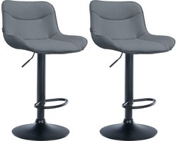 CLP Vonore Set van 2 barkrukken - Met rugleuning - Met voetensteun - Verstelbaar - Metalen frame - Kunstleer - grijs zwart