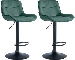CLP Vonore Set van 2 barkrukken - Met rugleuning - Met voetensteun - Verstelbaar - Metalen frame - Velvet - Fluweel - zwart/groen