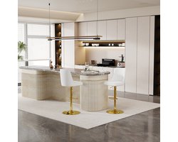 Clruro Barkruk Set - 2 Stuks - Steppatroon Rug - 360° Draaibaar - PU-Leer + Metaal - Wit/Goud