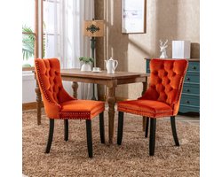 Clruro Collectie - Eetkamerstoelen Set van 2 - Hoogwaardige Velvet Bekleding - Houten Poten & Nailhead Trim - Oranje