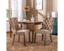 Clruro Eetkamerstoelen - Set van 2 - Gecapitonneerd - Met Siernagels - Fluweel en Hout - Kaki