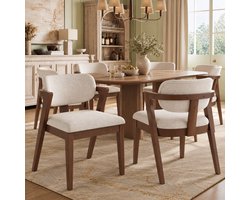 Clruro Eetkamerstoelen - Set van 6 - Ademend - Massief Hout/Linnen - Walnootkleur/Haverbeige