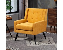 Clruro Fauteuil - Compact - Mid-century Design met Knopen - Massief Houten Poten - Suède - Geel