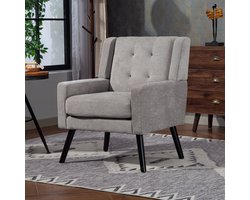 Clruro Fauteuil - Compact - Mid-century Design met Knopen - Massief Houten Poten - Suède - Lichtgrijs