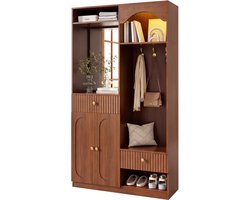Clruro Garderobekast - 100 × 35 × 180 cm - met LED-Verlichting - met Spiegel - met Zitbank - MDF - Walnoot