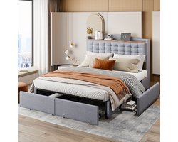 Clruro Gestoffeerd Bed 140x200 cm - met USB en 4 Lades - Linnen - Grijs