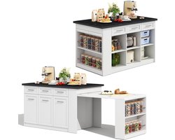 Clruro Keukeneiland - 150 x 90 x 90 cm - Uitschuifbare Eettafel - Houtmateriaal - Wit/Zwart Marmer