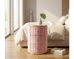 Clruro Nachtkastje - Rond met 3 Laden - Marmeren Blad en Gouden Details - Fluweel - Roze