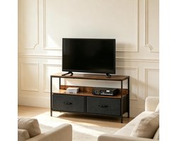 Clruro Tv-meubel - 98 × 29 × 56 cm - met 2 Laden - MDF en Metaal - Rustiek Bruin, Grijs en Zwart