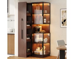 Clruro Vitrinekast - 70×38×160 cm - LED-Verlichting - Uittrekbare Rekken - MDF/Glas - Walnoot