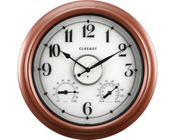 CLXEAST Multifunctionele Binnen- en Buiten Wandklok Koper/Rose Goud – Automatisch Verlicht, Thermometer, Hygrometer & Waterdicht Design