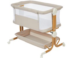 Co-Sleeper Wieg Aan Bed - Aanschuifbedje Met Matras - In Hoogte Verstelbaar - Ademend Gaas En Afneembare Zijkant - Met Wielen En Opbergmand - Vanaf Geboorte - Beige