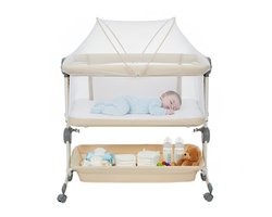 Co-Sleeper Wieg Aan Bed Met Klamboe - Aanschuifbedje Inclusief Matras En Muggennet - In Hoogte Verstelbaar - Ademend Gaas En Afneembare Zijkant - Met Wielen En Opbergmand - Kaki